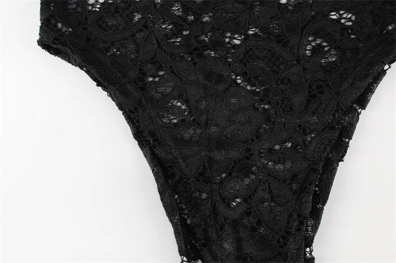 Ahagaga Floral Lace Women's Bodysuits Sexy Solid See Through Tees O-Neck Long Trumpet Sleeve Slim Fit Streetwear Rompers T Shirs