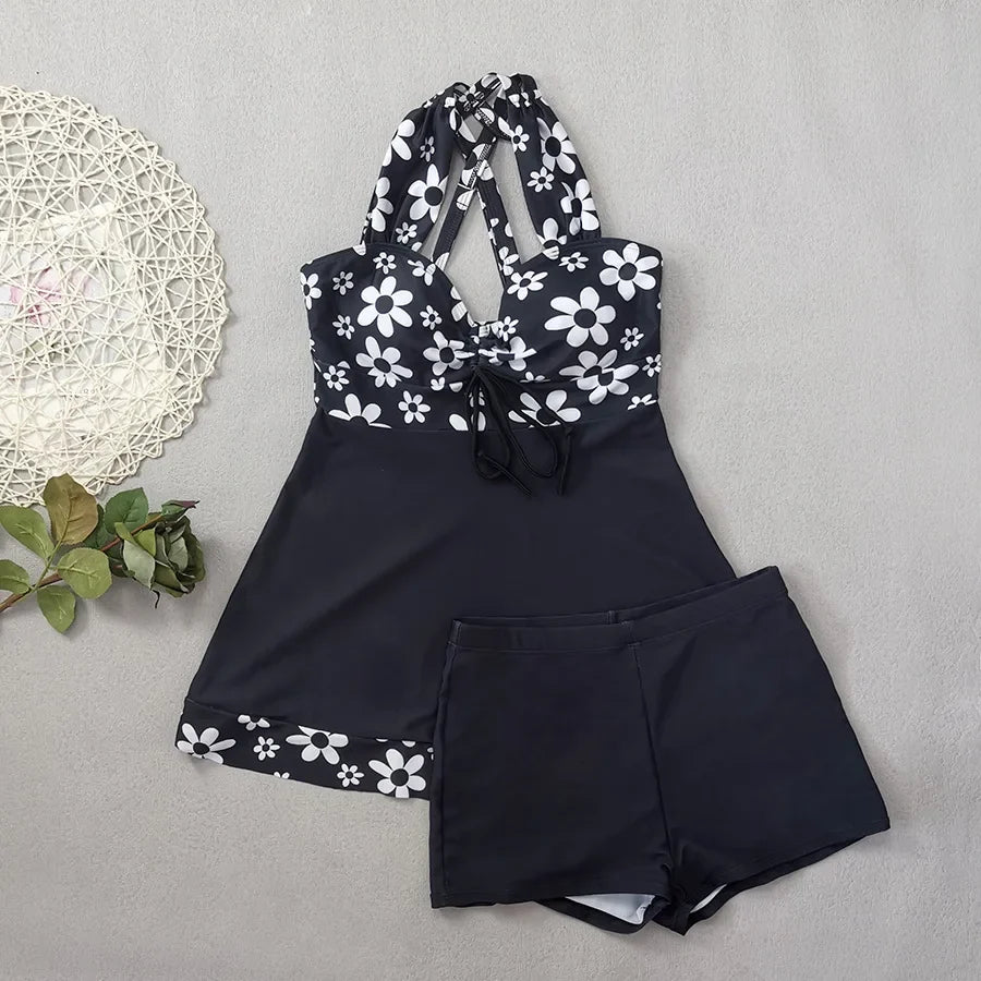 Vintage Black Flower Print Skirt Bikini Set 2026 Front Bow Crop Top Bathing Suit Swimwear Women's High Waist Swimsuit Tankini