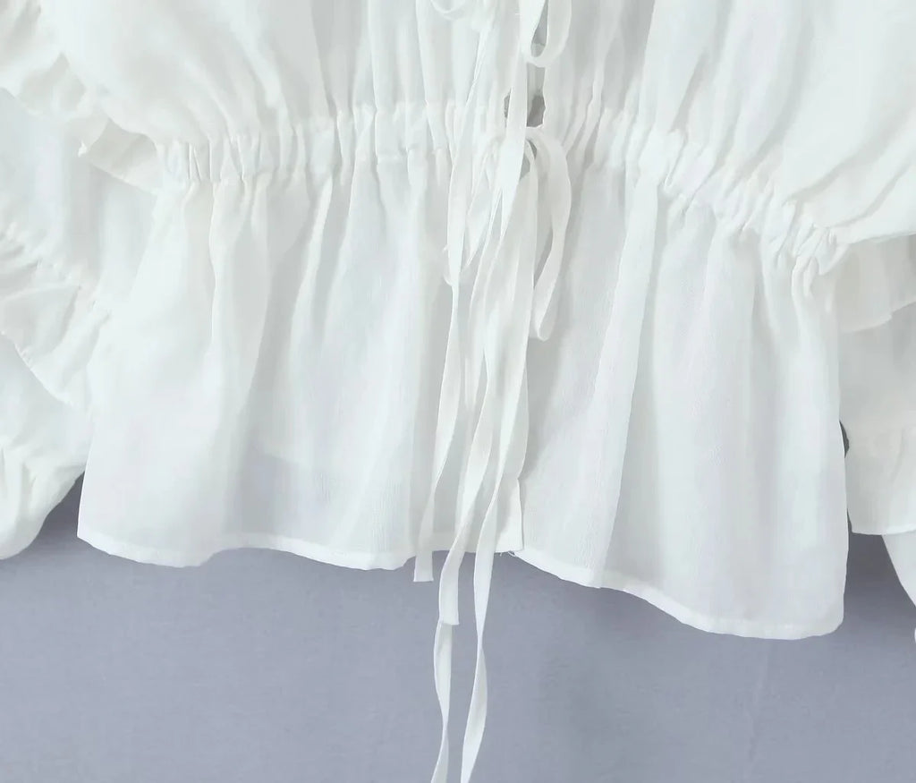 Foridol Tie Up Ruffles Lantern Sleeve White Blouse Women Spring Fashion Pelpum Top 2025 Summer O Neck Beach Casual Chic Blusa