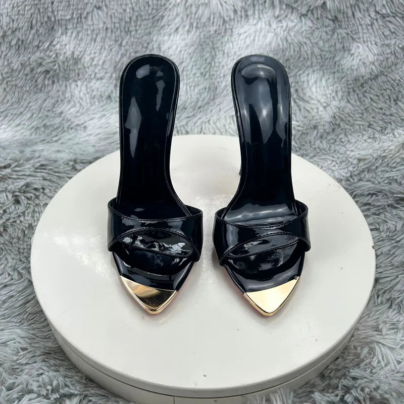 Black glossy  Female High Heels Open Toe Slides Trending Breathable Women Summer Outfit Casual Shoes12cm Sandals