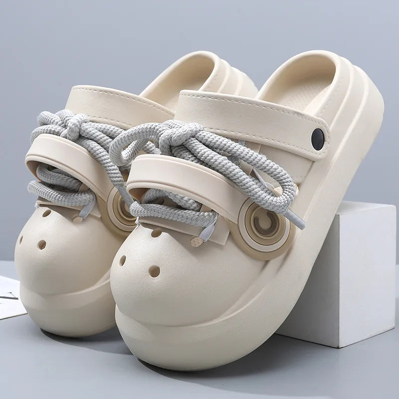 Women Summer Sandals Lace-up Style 2 Way to Wear Couples Fashion Platform Clogs Soft EVA Thick Sole Men Beach Street Slippers
