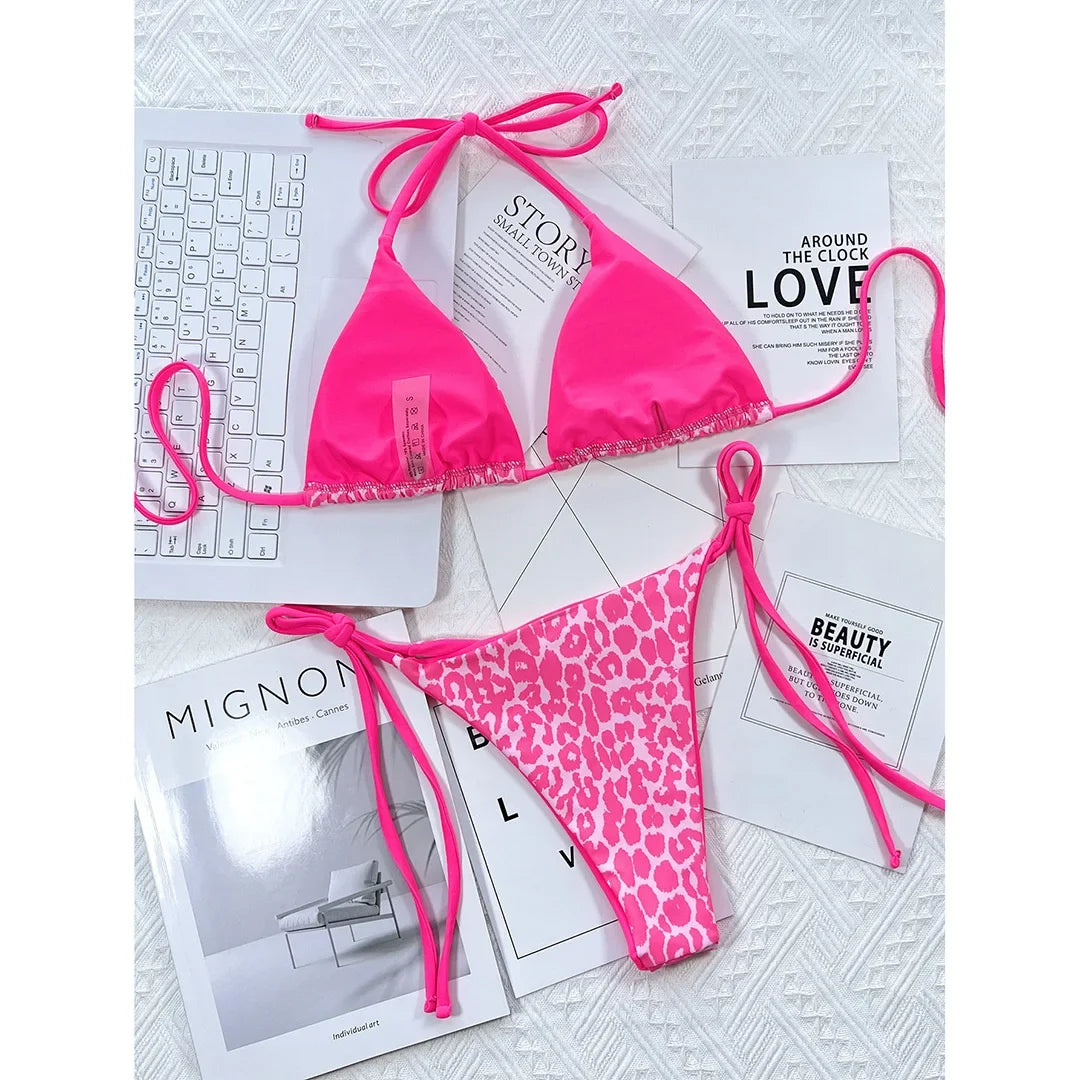 Sexy Leopard Printed Halter Brazilian Bikini Women Swimwear Female Swimsuit Two-Piece Bikini Set Bather Bathing Suit Swim V3681
