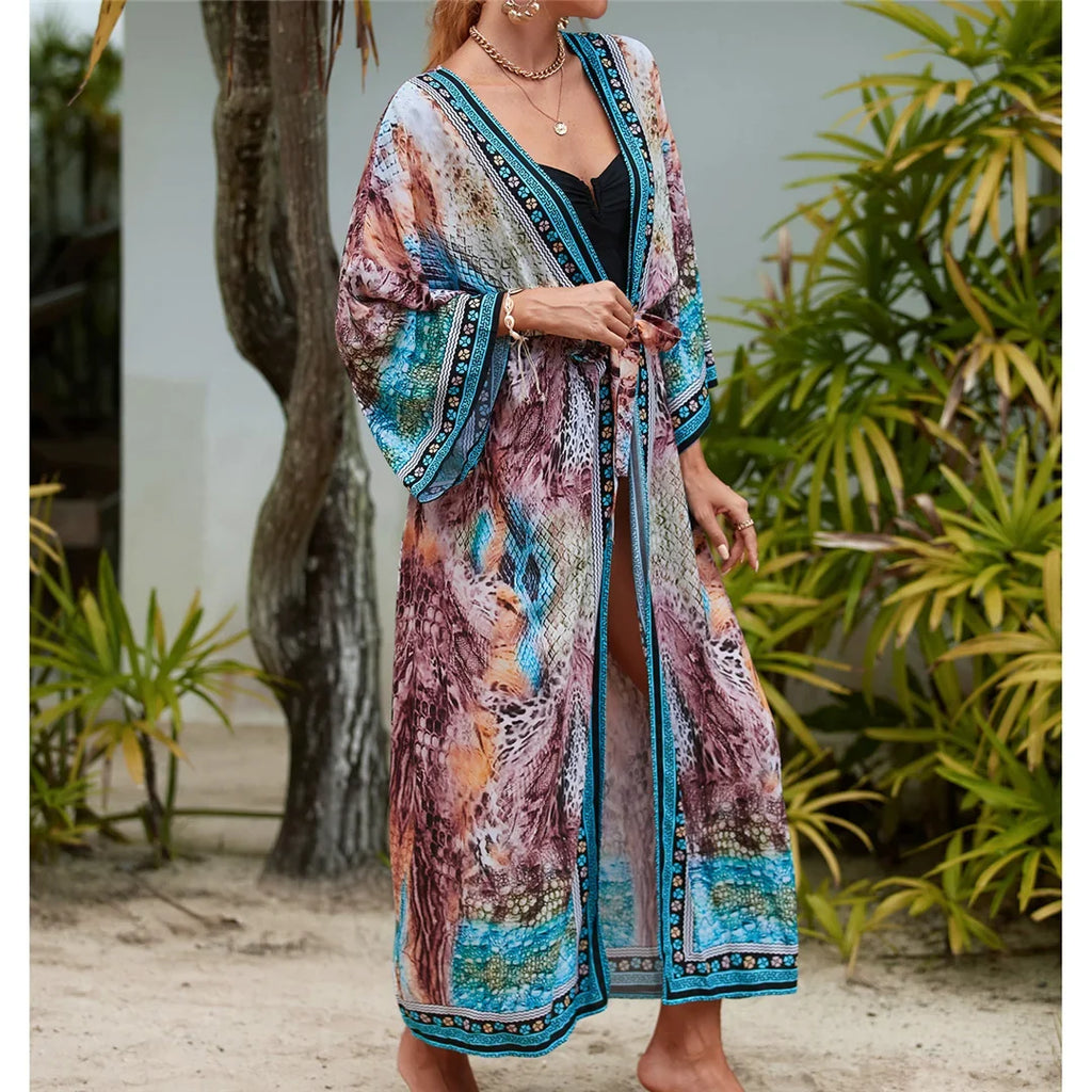 13 Colors Printed With Belt Crochet Knitted Tunic Beach Dress Beach Wear Beachwear Beach Cover Up Cover-upsFemale Women V7201