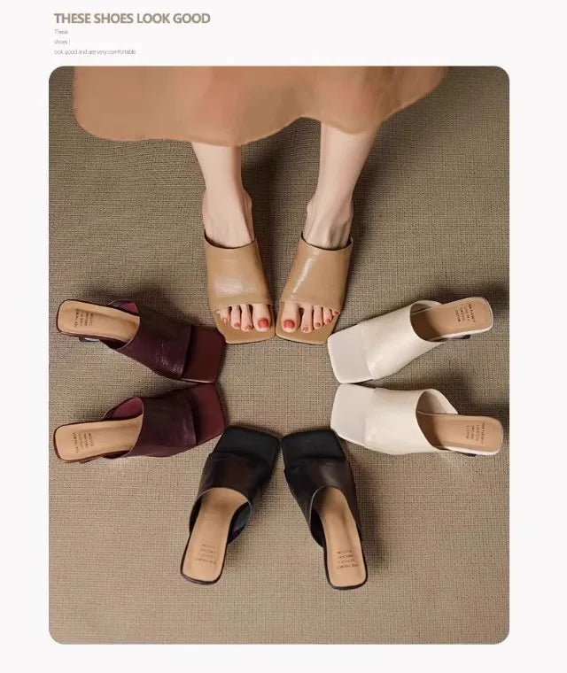 Luxe  Square Toe Slide Sandals Premium Leather One Strap Mules Chunky Sole Backless Loafers Dressy Casual Summer Shoes
