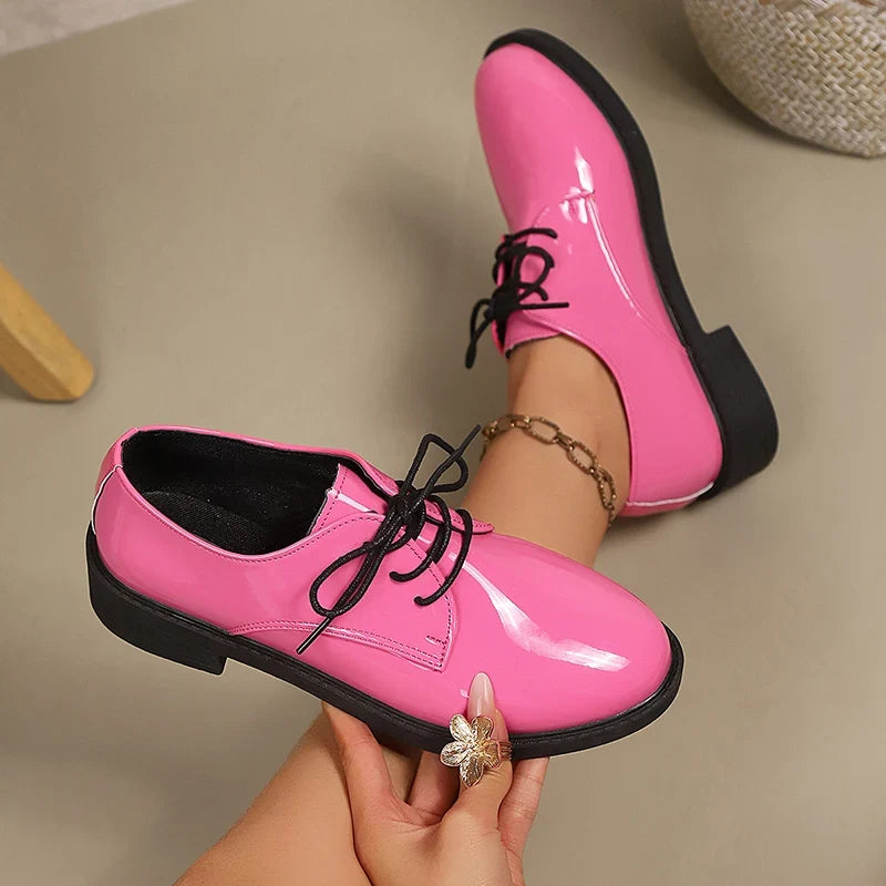 Pink Patent Leather Oxford Shoes Women Fashion Lace Up Pointed Toe Med Heel Pumps Woman Plus Size 43 Thick Heels Office Shoes