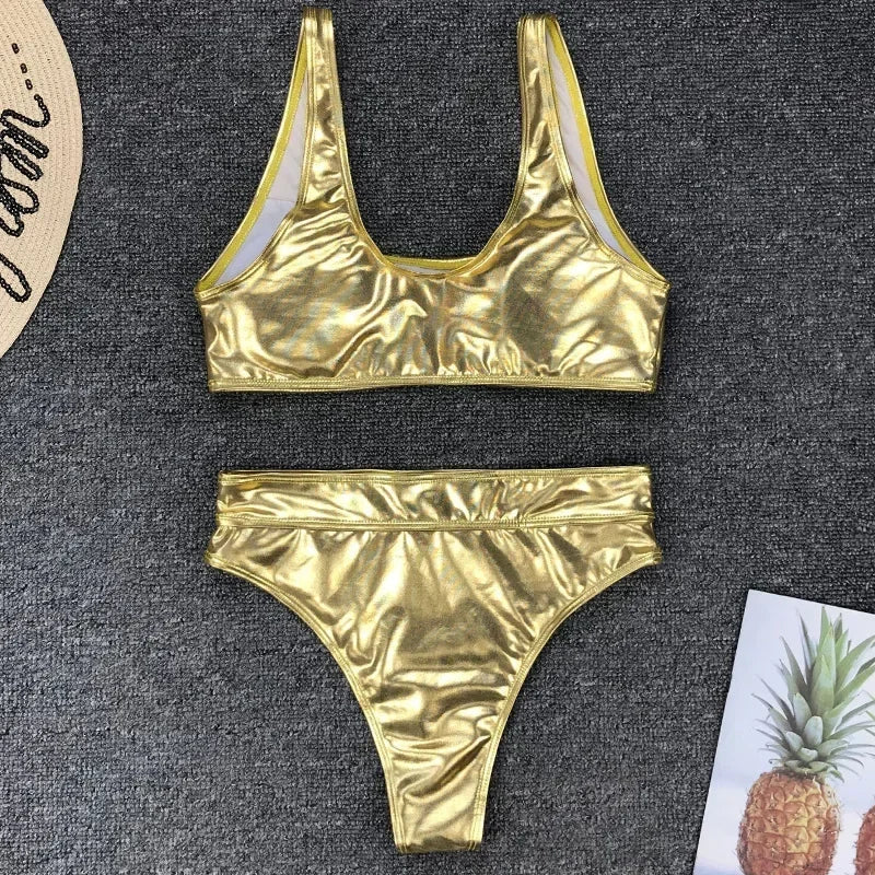 Shiny PU Faux Leather Women Swimwear One Piece Swimsuit Female Monokini High Cut Bikini Set Bathing Suit Swim Beachwear Bodysuit
