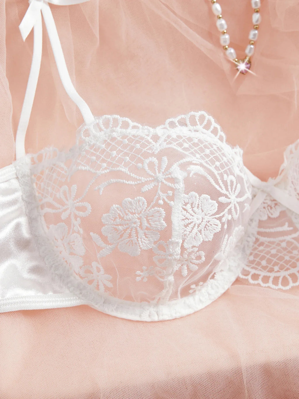 Lady Floral Embroidery Lingerie Set Women Sheer Bra and Brief Underwear Set Satin Sexy Intimates Underwear