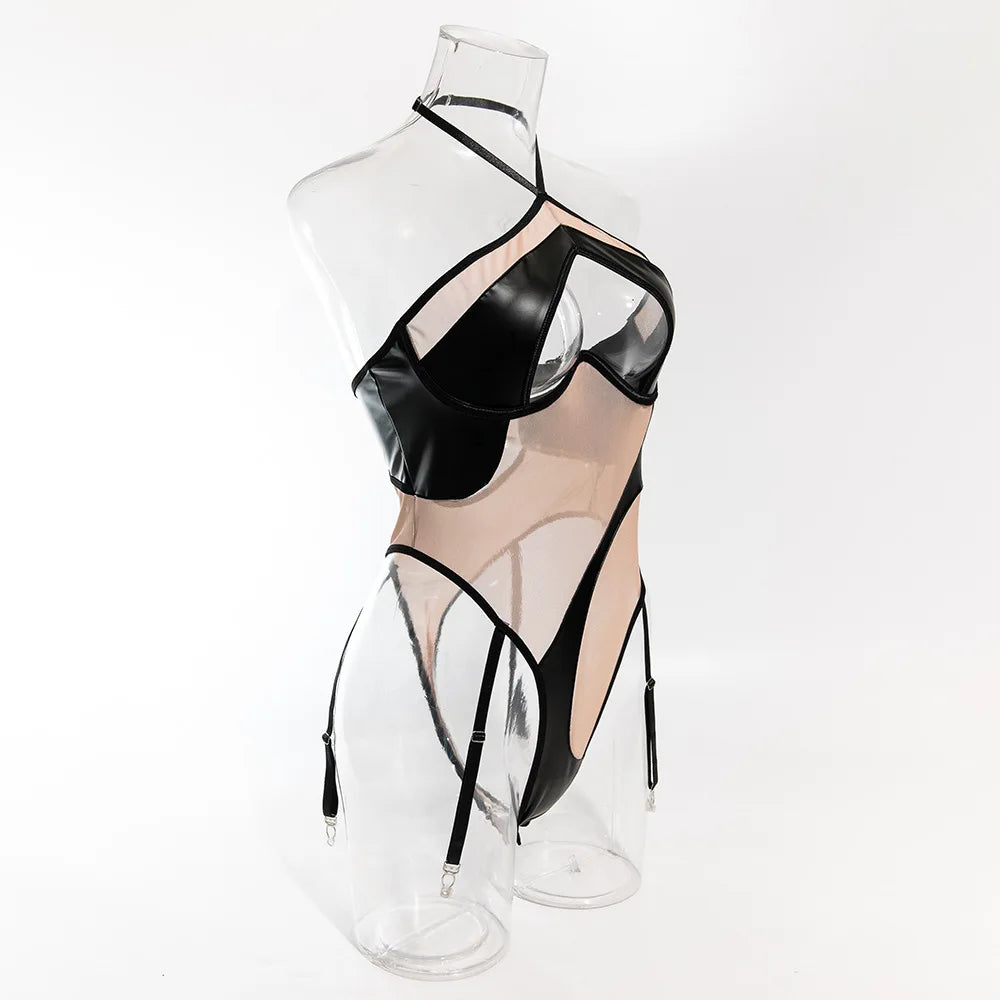 DEKA-See Through Mesh Bodysuit for Women, Matching Halter, Lace Up Bathing Suit, Push Up Swimsuit, Beach Swimwear