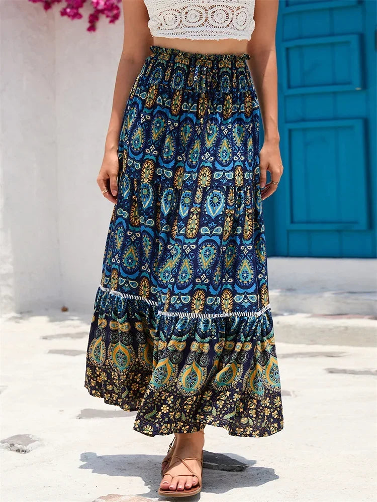 Women's Loose Long Skirt Bohemian Print Elastic Waist Ruffle Flowy Pleated Skirts Summer Beach Party Streetwear