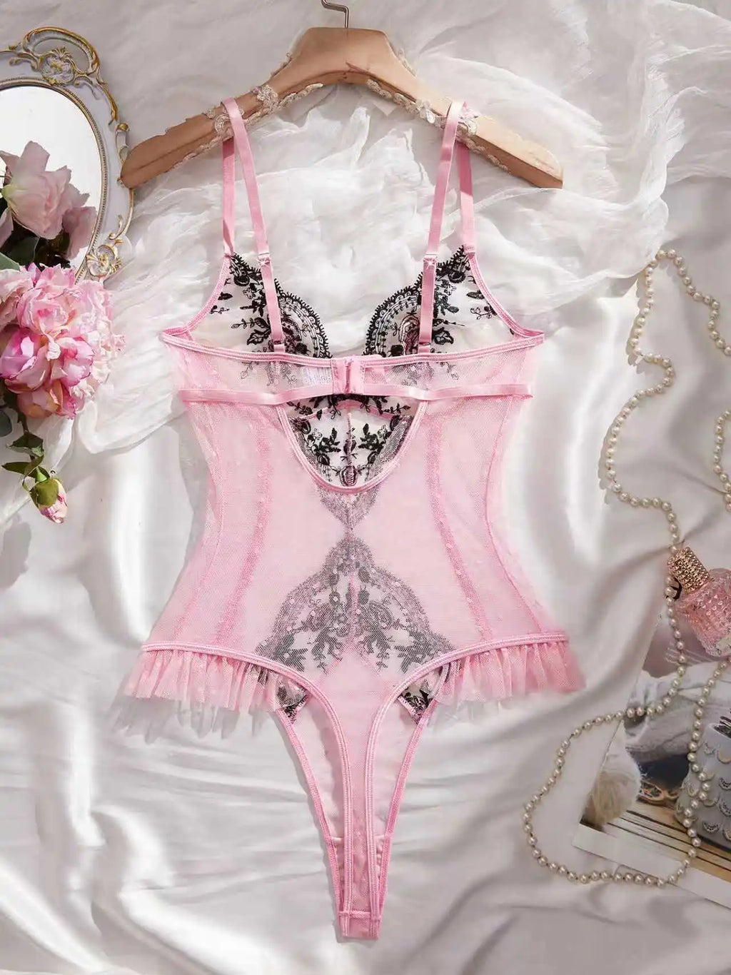 Pink Lace Embroidery Jumpsuit with Black Floral Lace Paneling High-Waist Triangle Pant Design Romantic French Sexy Underwear