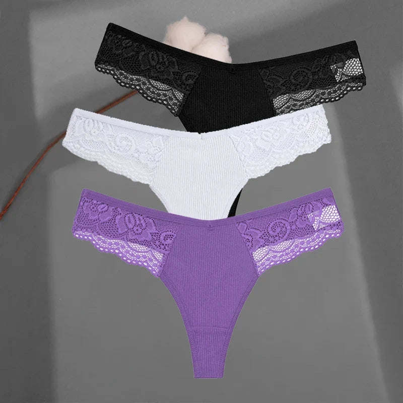 3Pcs/set Cotton Thongs Lace Bikini Underpants Women S-XL T-Back Underwear Ladies G-string Soft Thong Panties Female Lingerie New