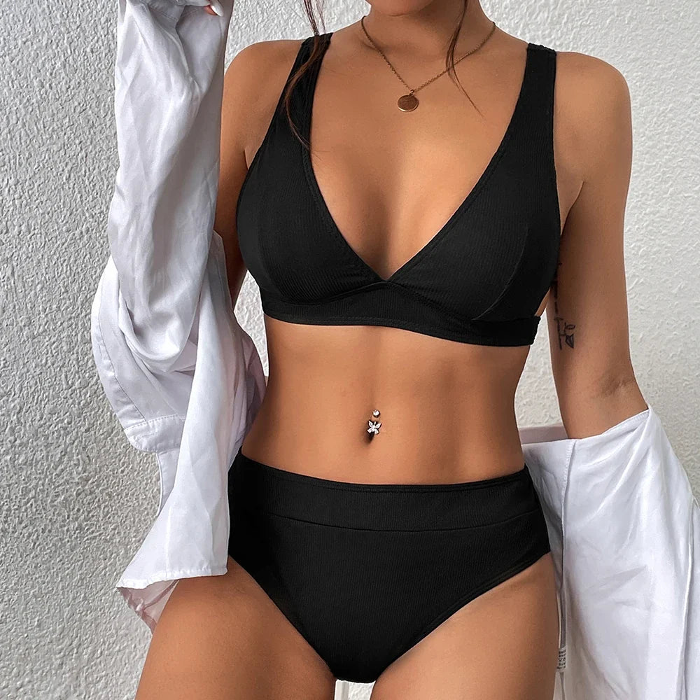 Summer new style small pit strip pure color bikini two-piece set sexy beach vacation women's swimsuit