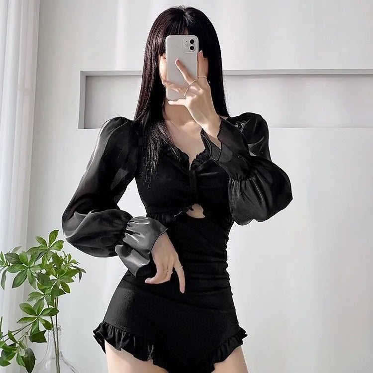 New long sleeved swimsuit for women slimming and conservative soaking in hot springs one-piece high-end sense swimsuit for women