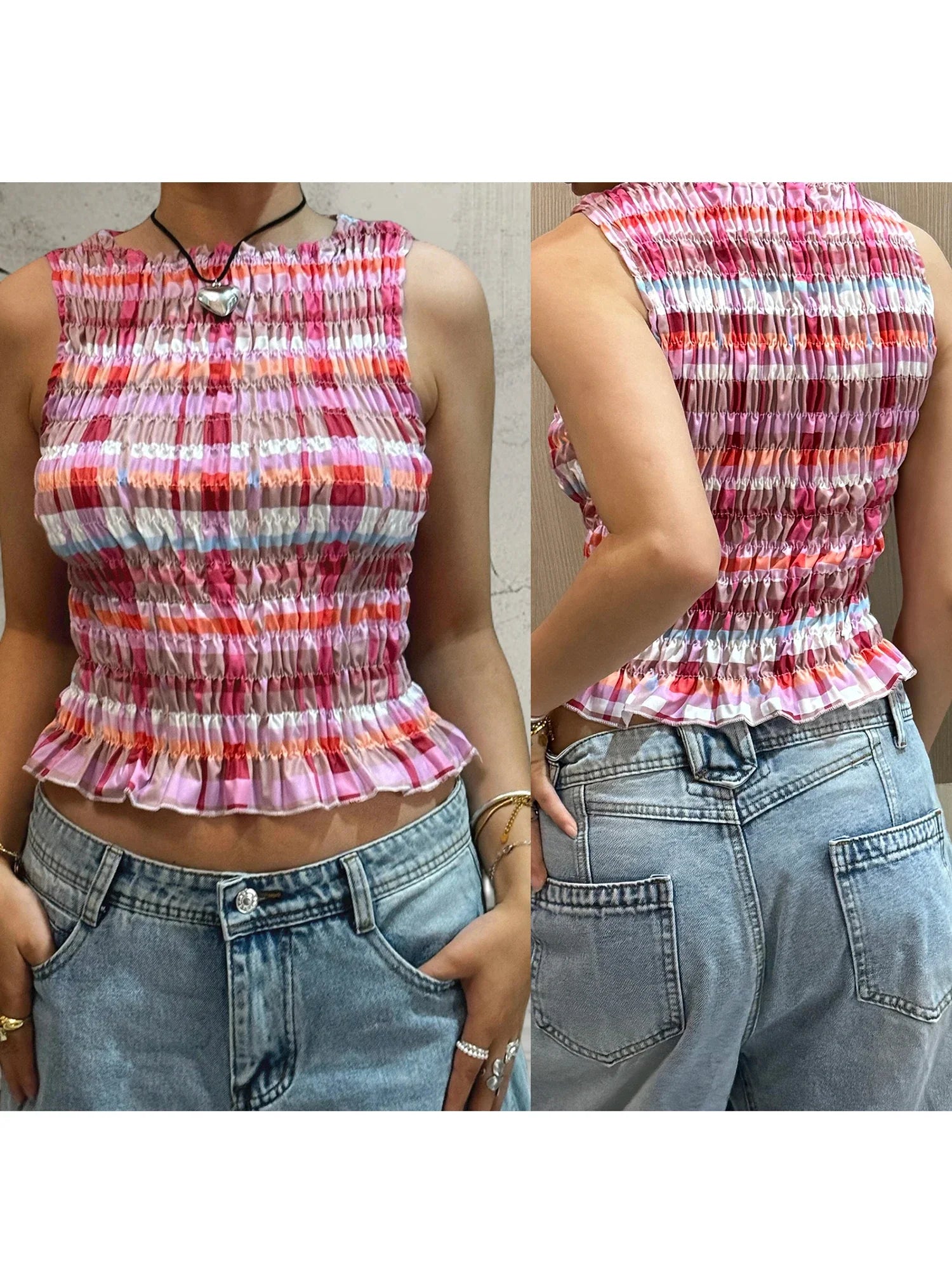 Women Summer Smock Tank Tops Casual Fashion Ruffle Hem Plaid Print Sleeveless Shirt Basic Vest Streetwear