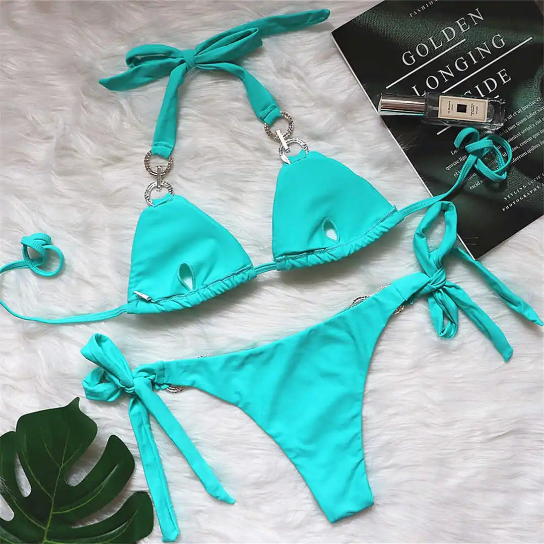 New Halter Bling Diamond Brazilian Bikini Female Swimsuit Women Swimwear Two-Pieces Bikini Set Bather Bathing Suit Swim V2340