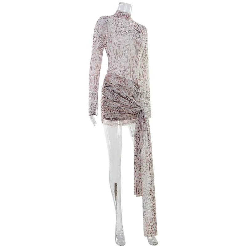 Ahagaga Sexy Sheer Women'Mini Dresses Turtleneck Print Regular Long Sleeves Ribbon Sheath Bodycon Casual Streetwear Female Robe