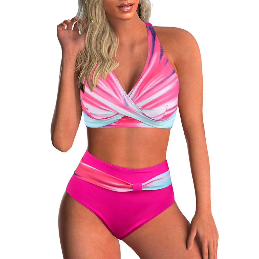 Vintage Hot Pink Gradient Tankini Set 2026 Women Bikini Cross Push Up High Waist Swimsuit Beach Bathing Suit Two Piece Swimwear