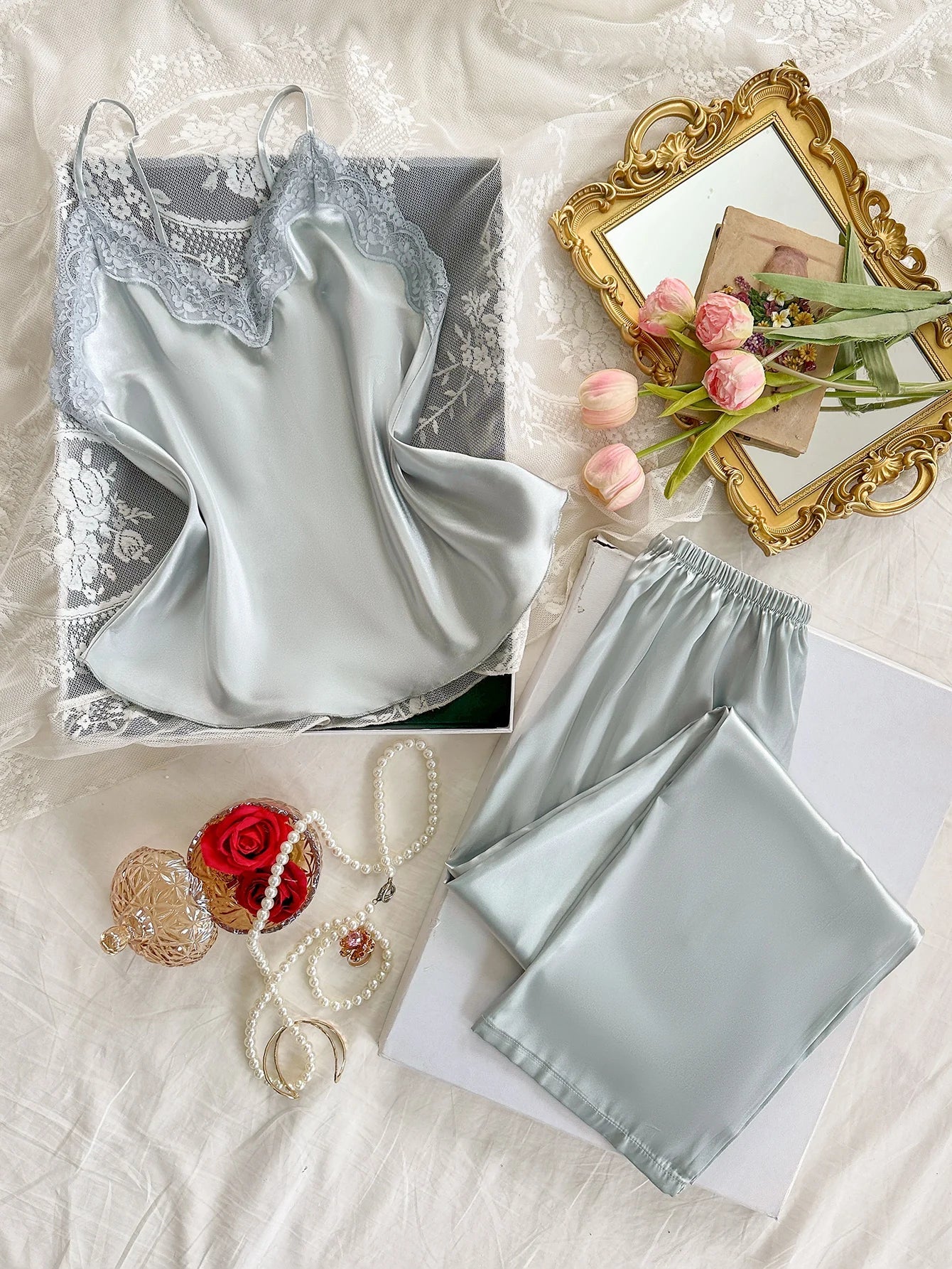 Two Piece Women's Pajamas Set with V Neck Lace Design Top Long Pants Fashionable And Comfortable For Spring And Summer Seasons