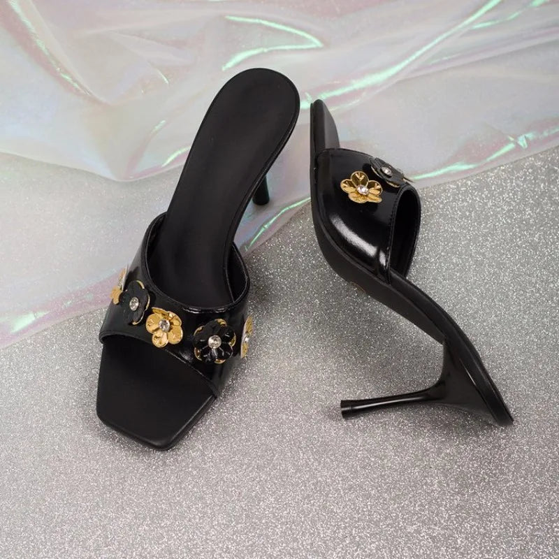 Gold Flower Summer Women Modern Sandals Brand Vintage Black Peep Toe Mules Stiletto Sexy Slip on Casual Daily Female Shoes