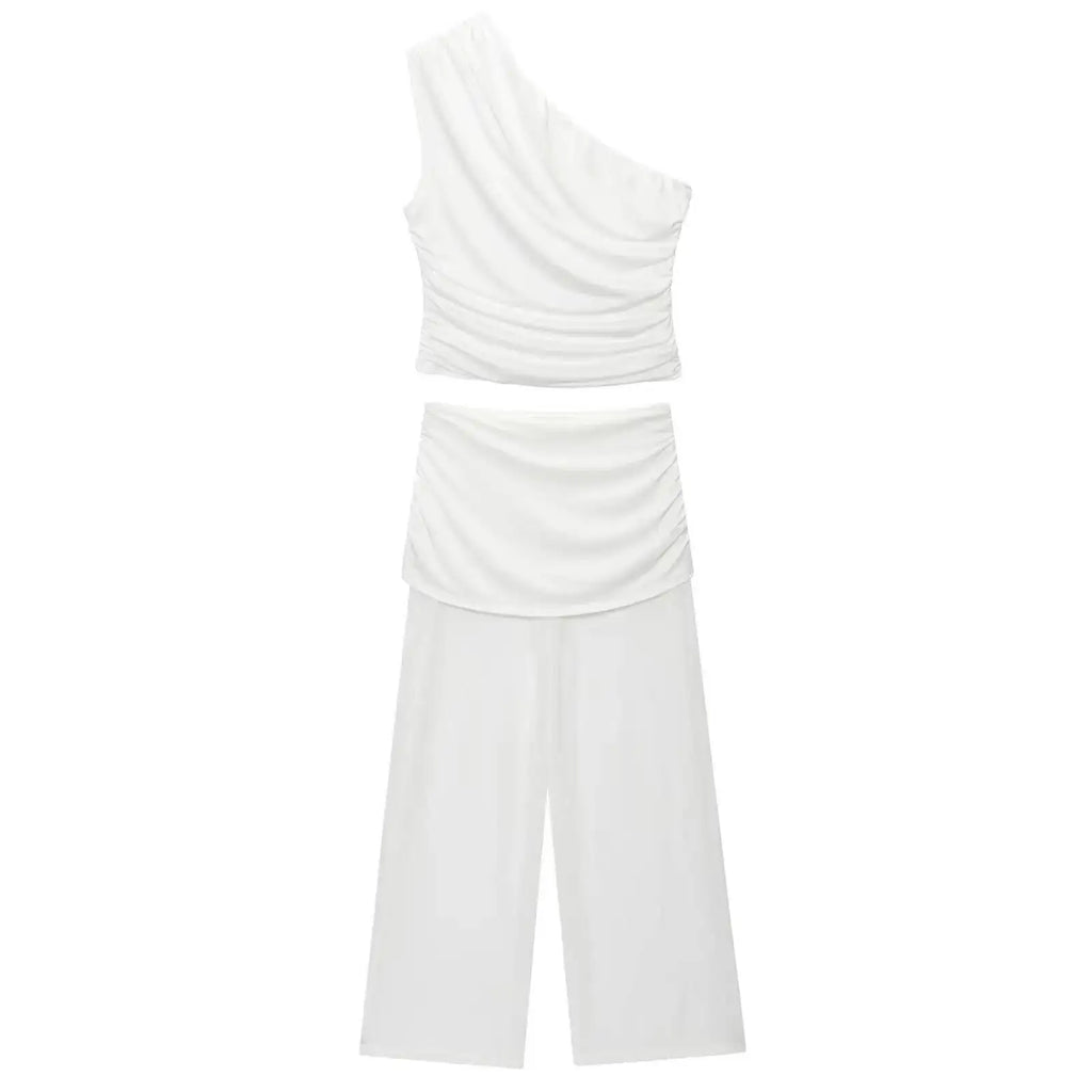 Women's One Shoulder Top Long Pants Set White Strapless Ruched Crop Top And Mesh Flare Pants Two Piece Set Out Party Outfit LNBK
