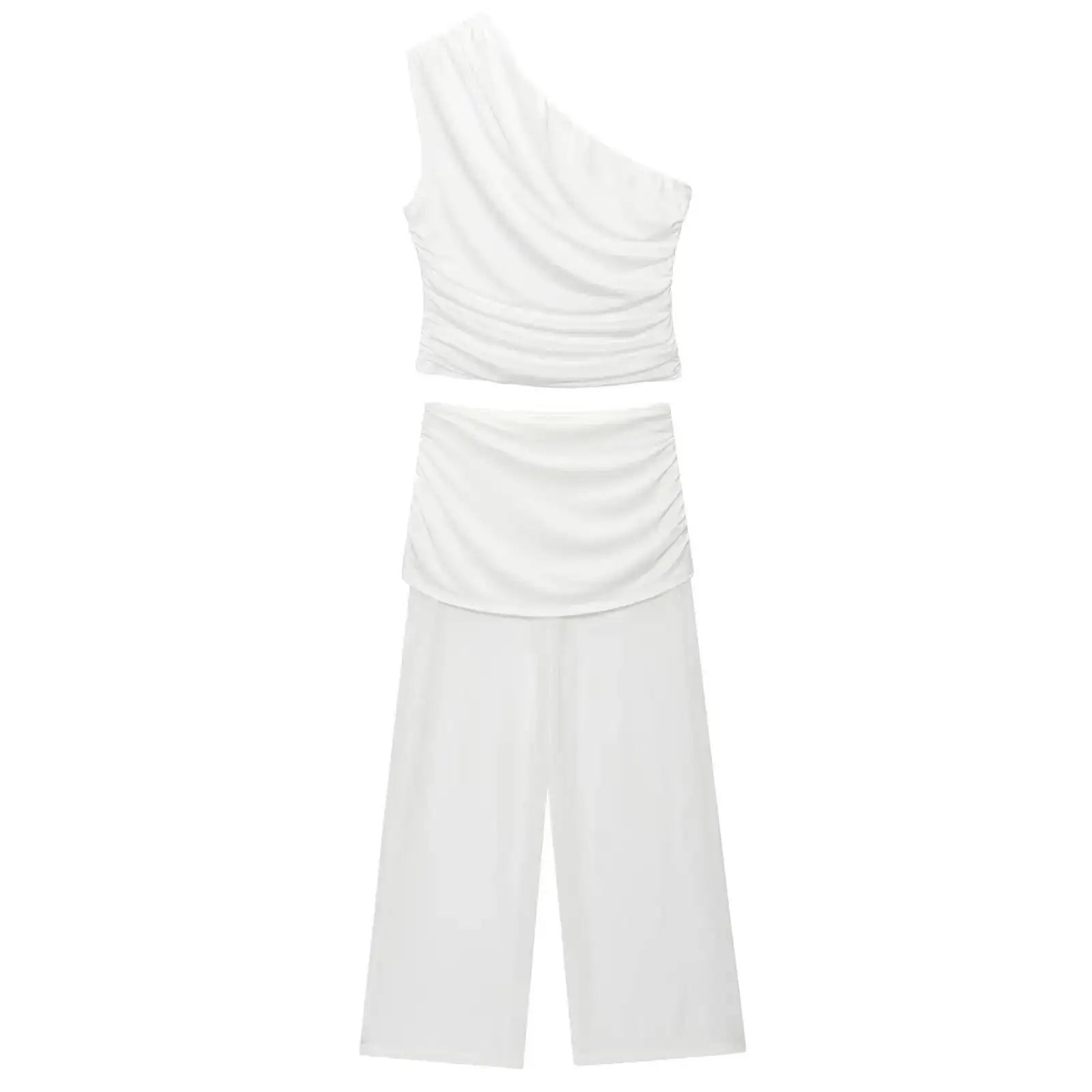 Women's One Shoulder Top Long Pants Set White Strapless Ruched Crop Top And Mesh Flare Pants Two Piece Set Out Party Outfit LNBK