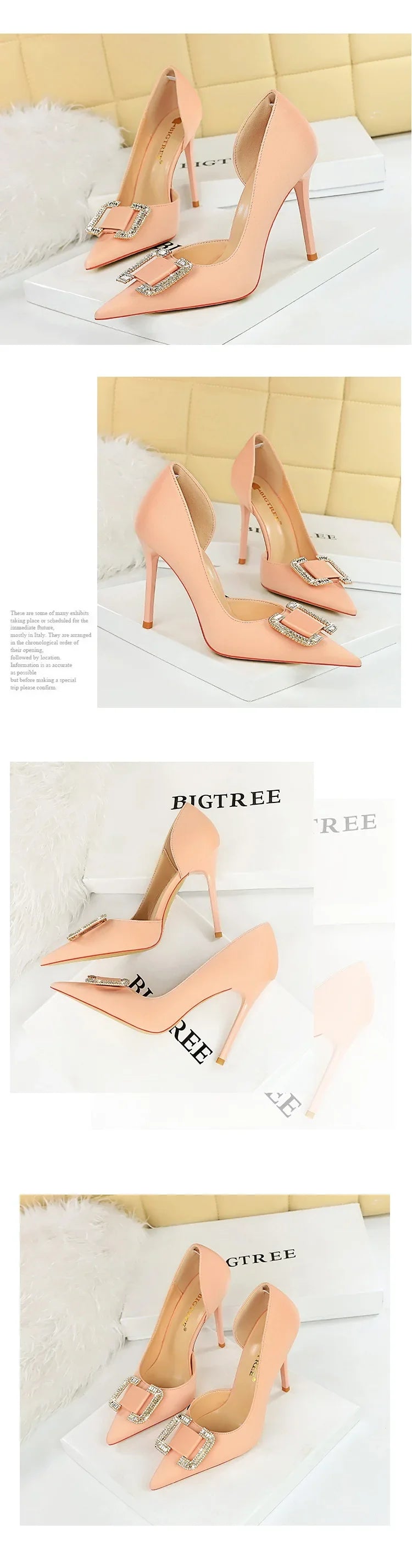 BIGTREE Pumps Elegant Pointed Crystal Buckle Slim High Heel Single Shoes Women Silk Spring/Summer High Heel Pumps Wedding Dress