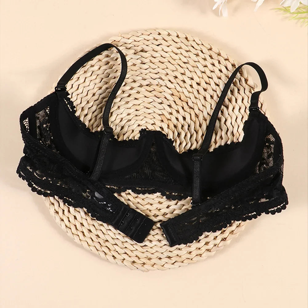 Sexy hollow half-cup bra set, lace push-up, push-up nipples, see-through thong and collar, four-piece set