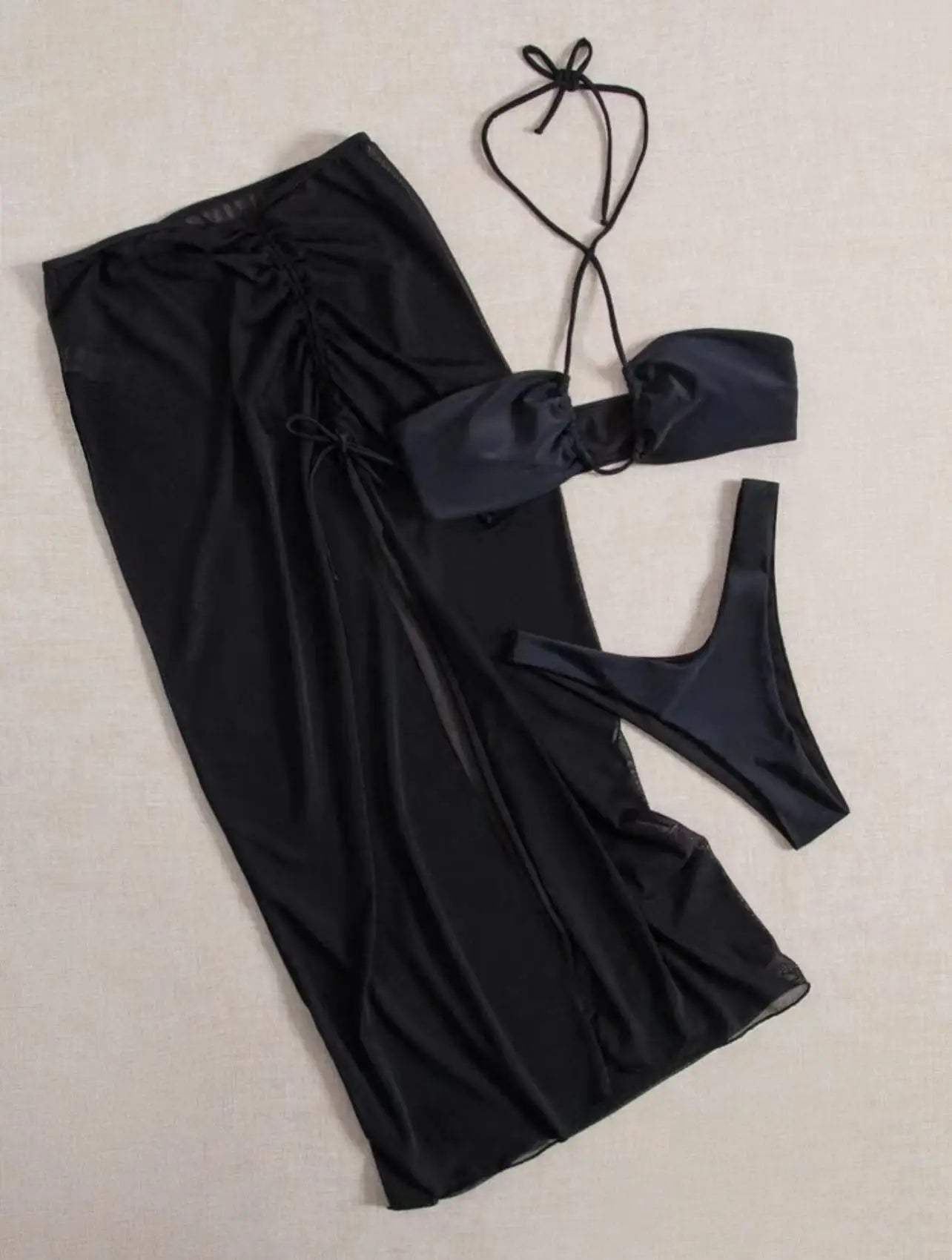 3 Pieces Thong Bikini 2026 Women With Dress Black Swimwear Female Halter Swimsuit Beach Wear Bathing Swimming Suit Summer