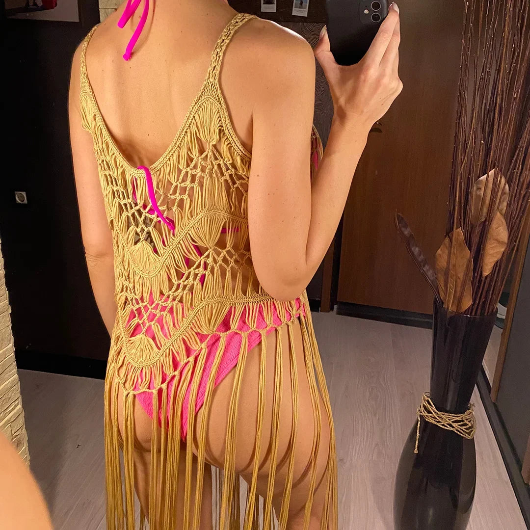 3 Colors Hollow Out Fringe Tassel Knitted Crochet Tunic Beach Cover Up Cover-ups Beach Dress Beach Wear Beachwear Female V3847