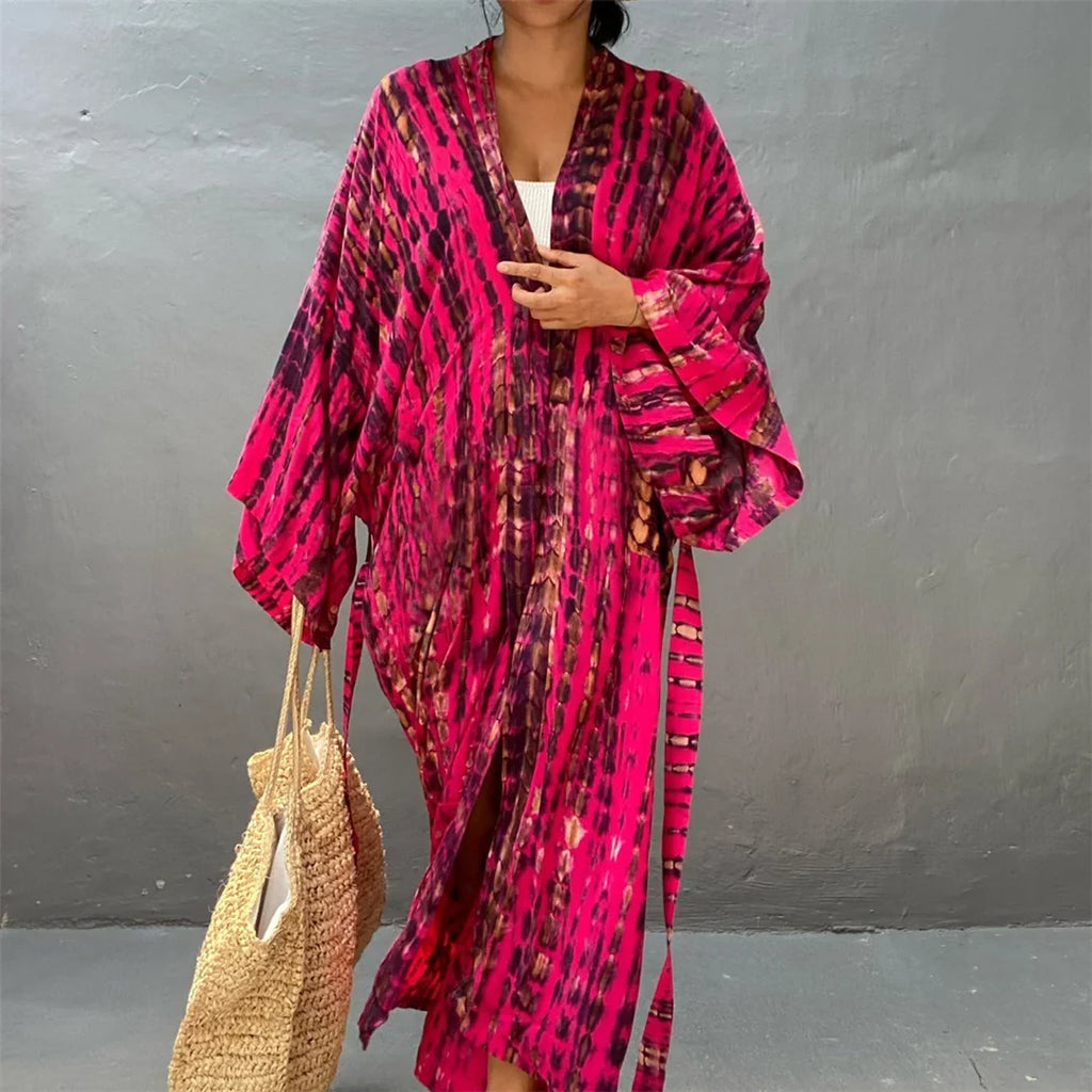 New 10 Colors Printed Long Sleeve With Belt Tunic Beach Cover Up Cover-ups Beach Dress Beach Wear Beachwear Female Women V4521