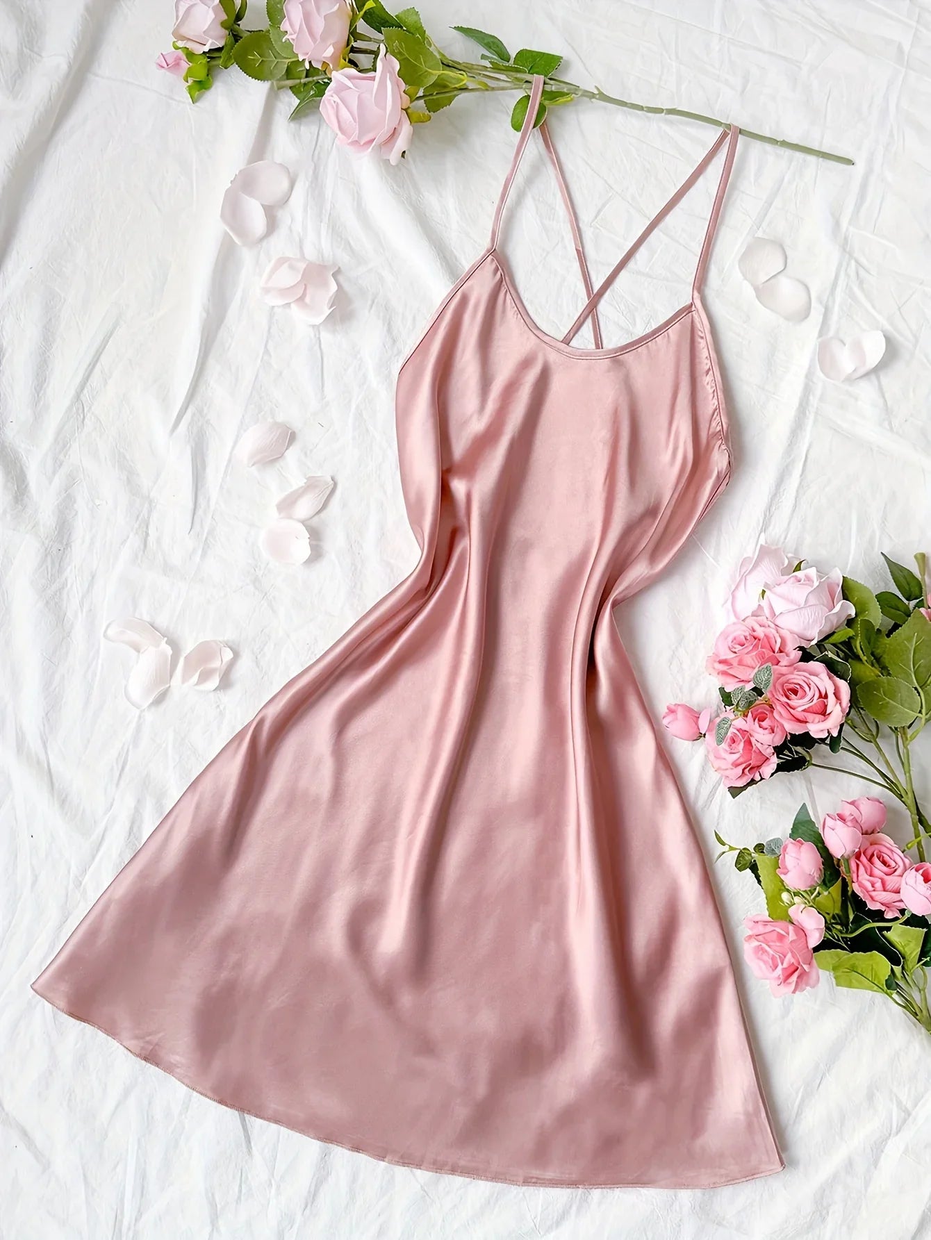 Summer Silk Stain Nightdress Women's Sleepwear, Sexy Backless Sleeveless A-Line Short Sleepdress, Solid Color Nighties