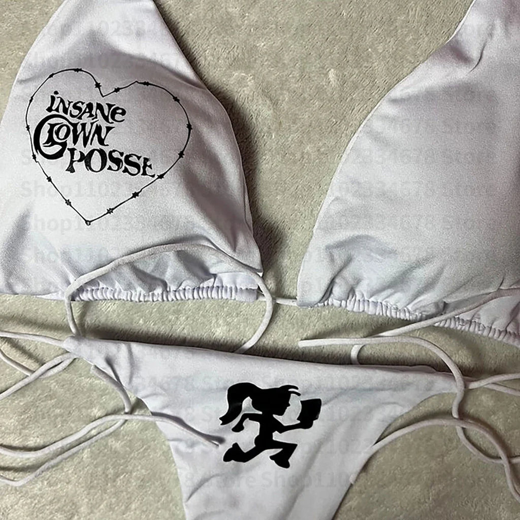 Punk Gothic Fashion Women Swimwear 2000s Emo Girls Y2k Style Letter Print Bikini Set Sexy Thong Swimsuit Two Pieces Bathing Suit
