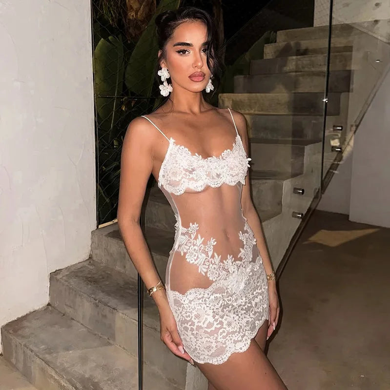 FDYOUI Spaghetti Strap See-through Mesh Dress Women Sleeveless Lace Patchwork Mini Party Dresses White Black Night Club Outfit