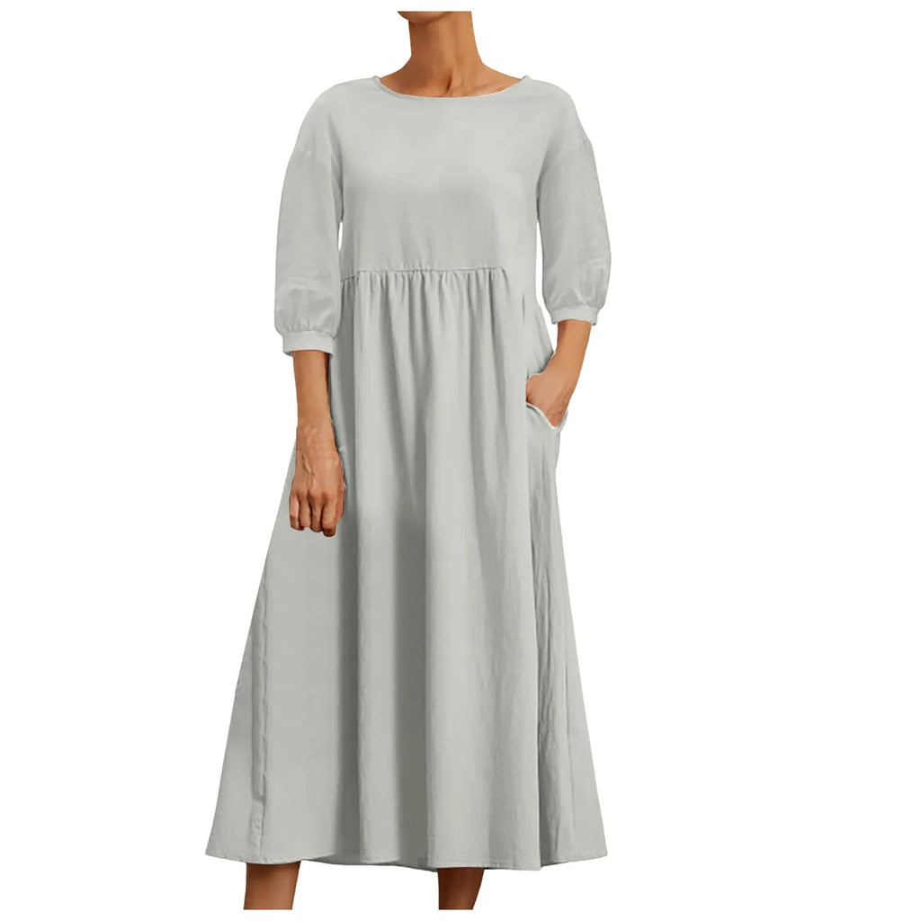 Womens Casual Summer Cotton Dress With Pockets 3/4 Sleeve Loose Midi Shirt Dress Women Dresses With Short Sleeves Vestidos