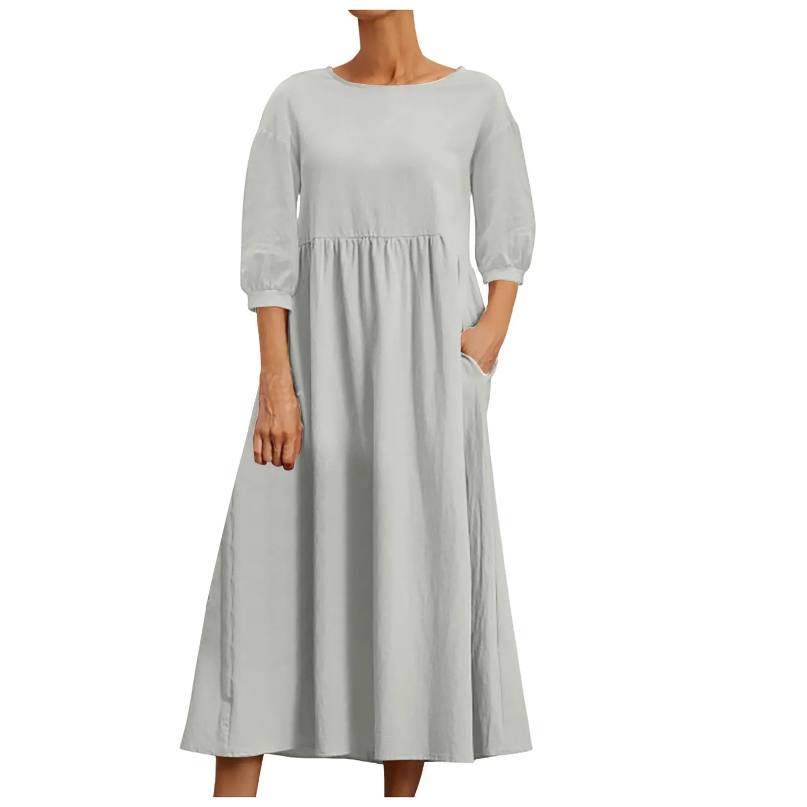 Womens Casual Summer Cotton Dress With Pockets 3/4 Sleeve Loose Midi Shirt Dress Women Dresses With Short Sleeves Vestidos