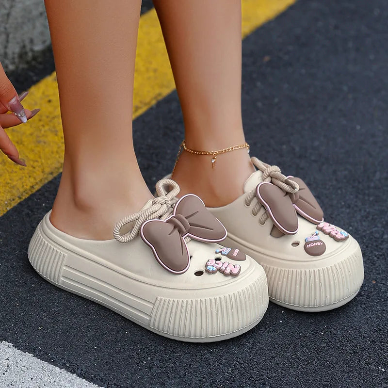 Women Fashion Clogs DIY Cute Bowknot Summer Platform Shoes Female Home Street Slippers Soft EVA Close Toe Girls Beach Sandals
