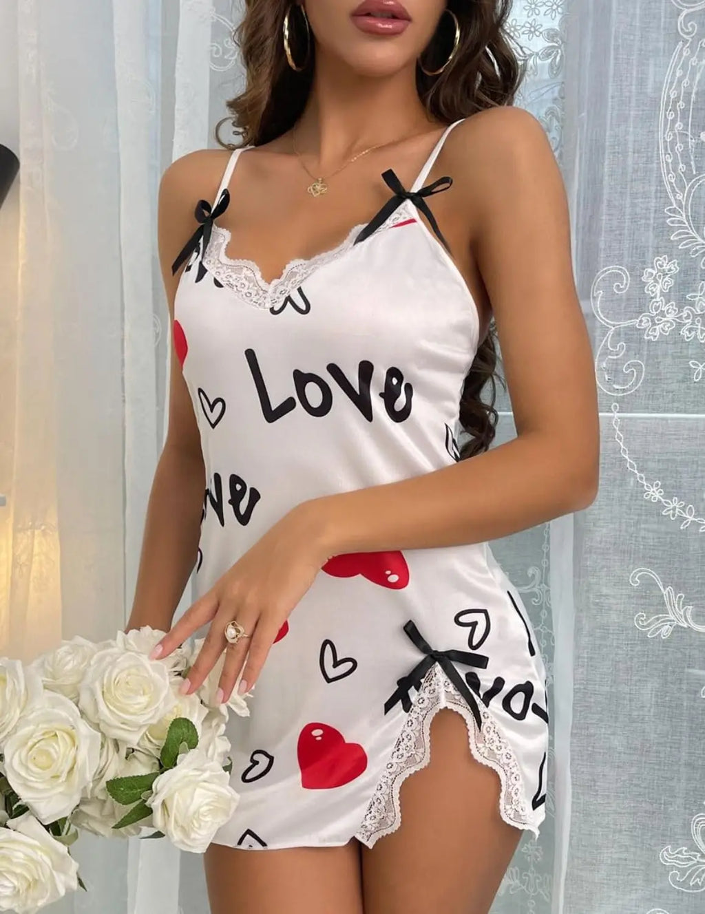 New Sexy Black Nightgown for Women Red Heart  Love Print Satin Lace Trim Mini Chemise Adjustable Spaghetti Strap Lingerie
