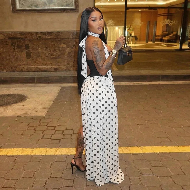 FDYOUI Elegant Bandage Polka Dot Patchwork Evening Dresses Women's 2026 Summer Off Shoulder High Slit Pleated Long Party Dress