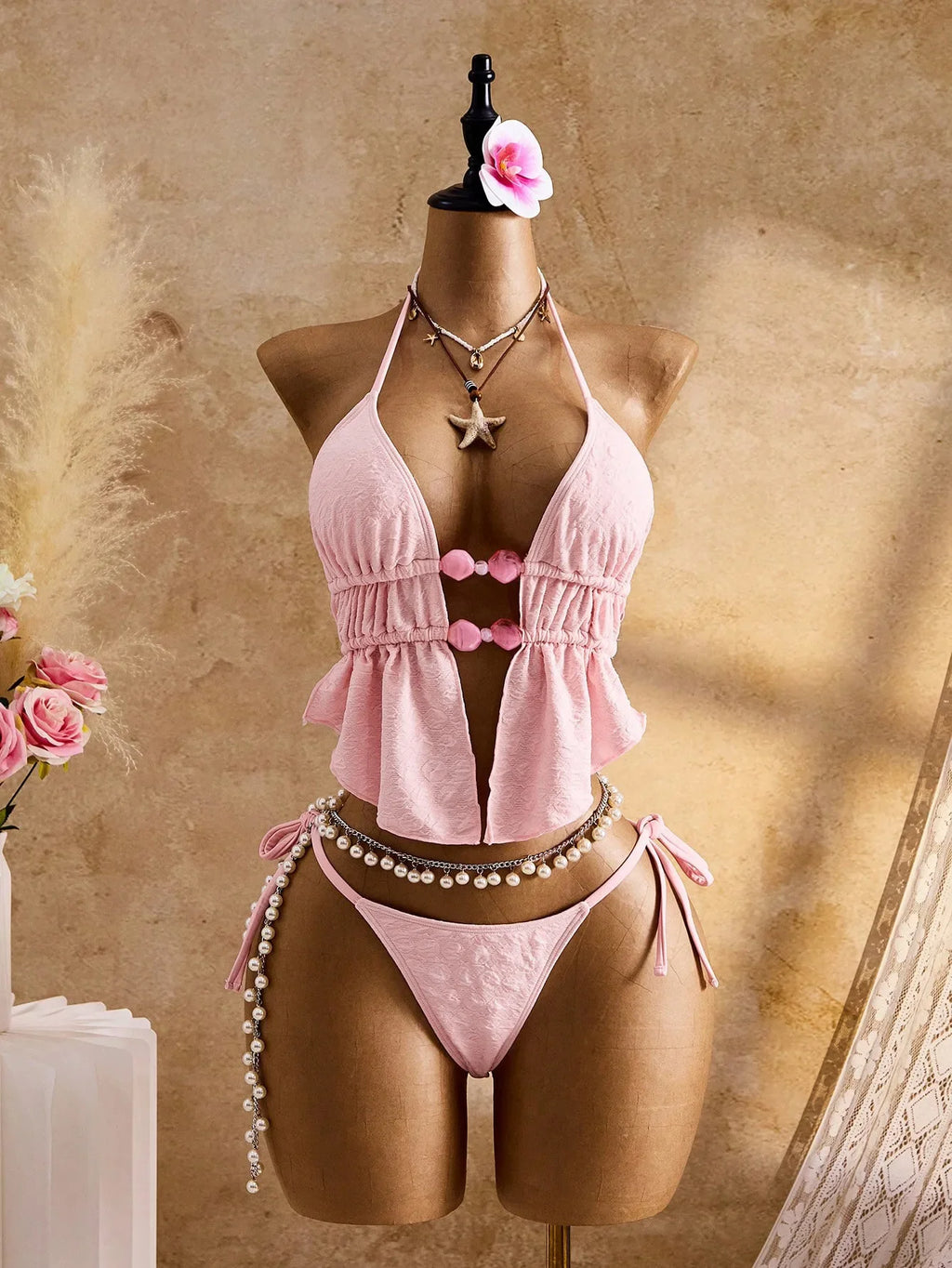 Sexy Thong Bikini 2026 Mujer Women Pink Pearls Hollow Out Pleate Ruffles Push Up Swimsuit Beach Bathing Suit Holiday Swimwear