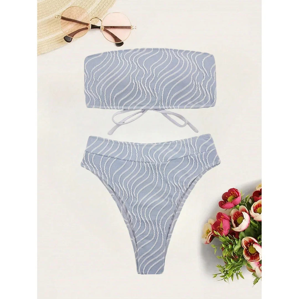 Sexy Wave Striped Bandeau High Waist Bikini Female Swimsuit Women Swimwear Two-Pieces Bikini Set Bather Bathing Suit Swim V5445