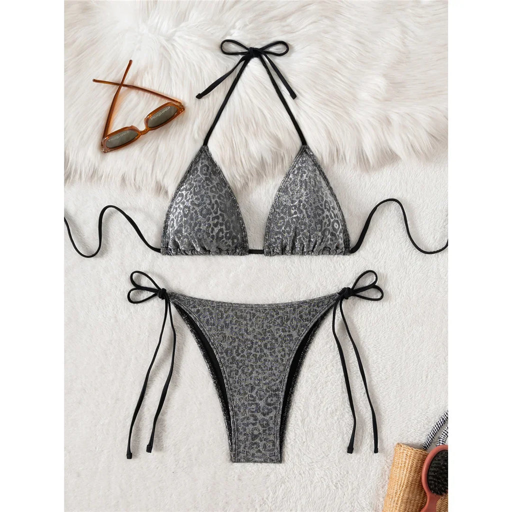Sparkling Leopard Halter Bikini Female Swimsuit Women Swimwear Two-pieces Bikini set High Leg Cut Bather Bathing Suit Swim K7182
