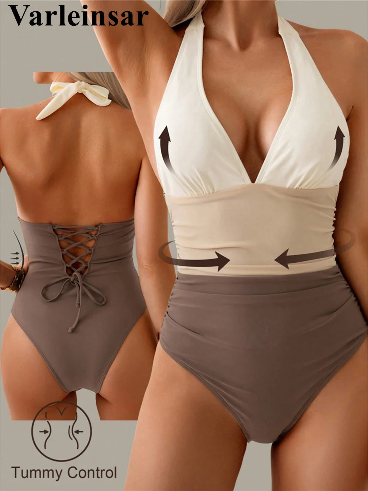S - XL Splicing V Neck Backless Halter Women Swimwear One Piece Swimsuit Female Monokini Padded Bather Bathing Suit Swim V7559