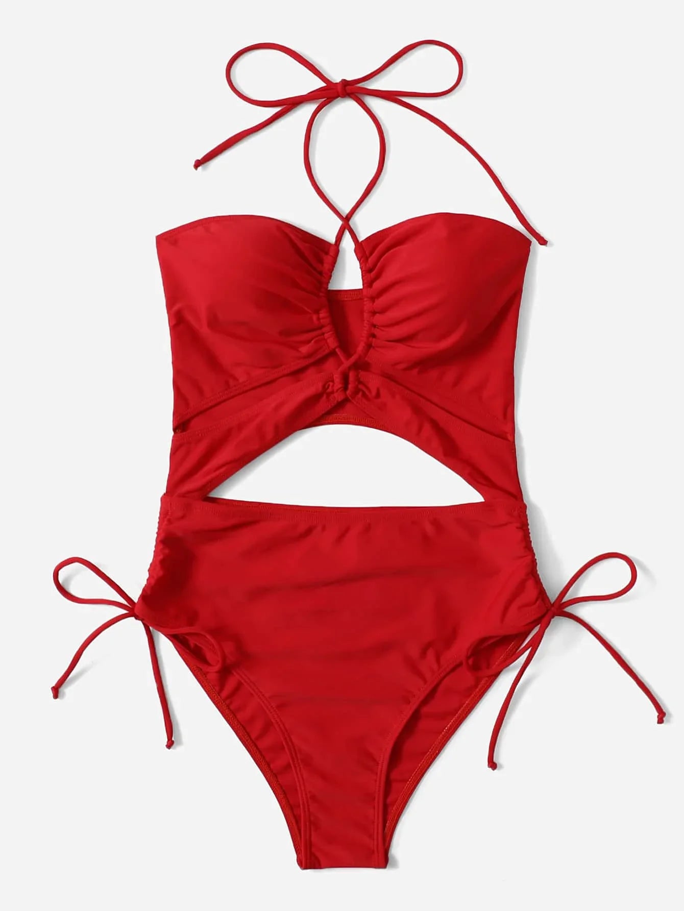 2026 Drawstring Swimsuit Solid Cut Out Knot Halter One Piece Swimwear Women Padded Bathing Suit Female Swimming Summer Beachwear