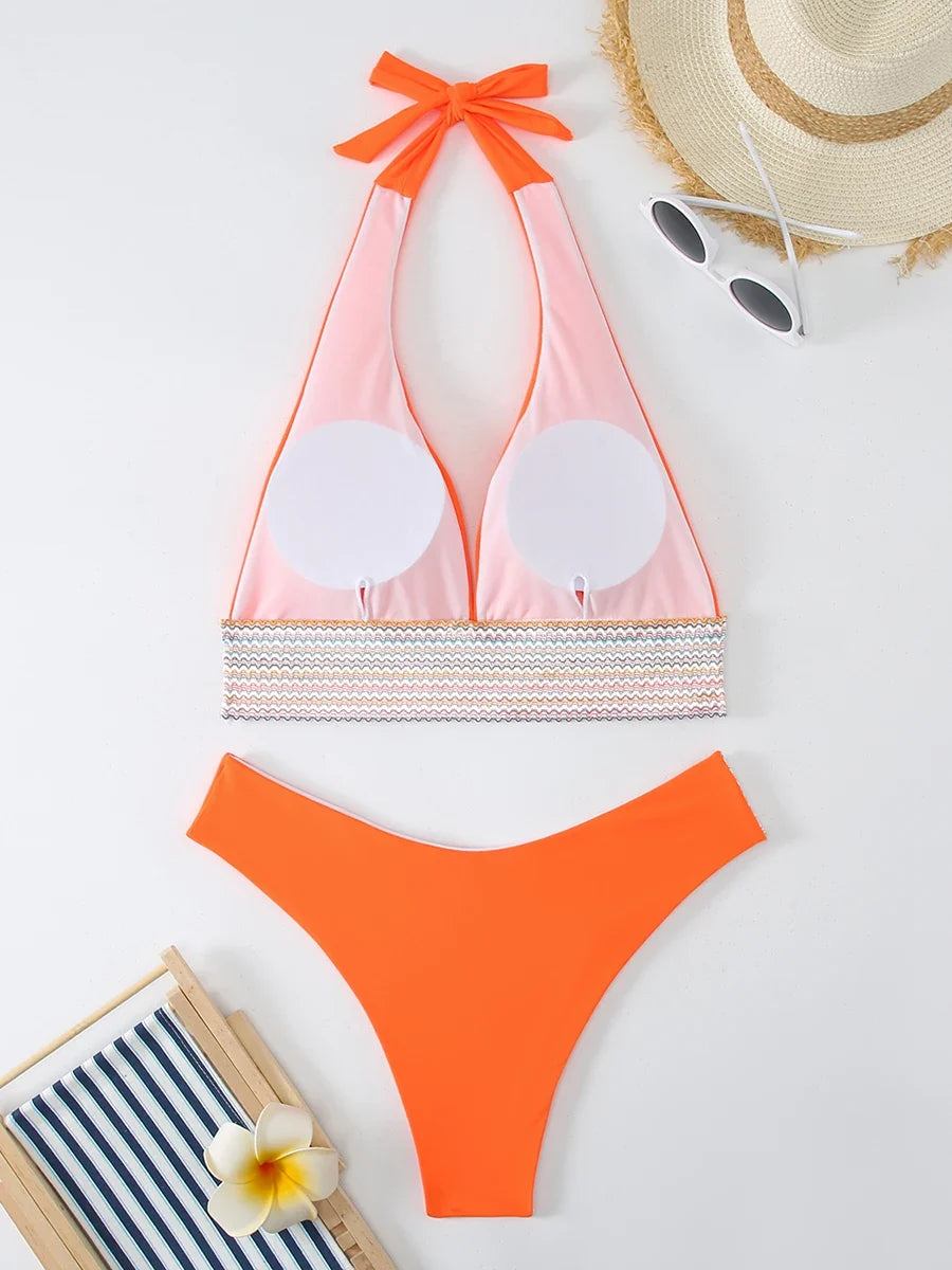 Halter Bikini 2025 Solid Bandage Swimsuit Women Padded High Cut Swimwear Female Bathers Bathing Swimming Swim Suit Beachwear