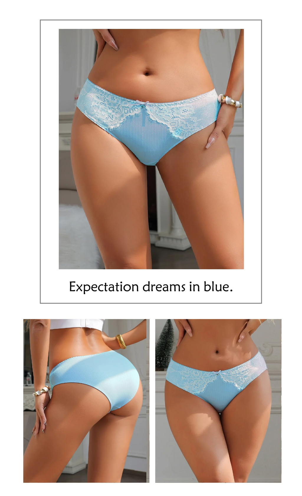 Blue Sexy Striped Lace Bow Sheer Mesh Panties for Women Push Up Cheeky Underwear Daily Lingerie Intimates Gift for Wife