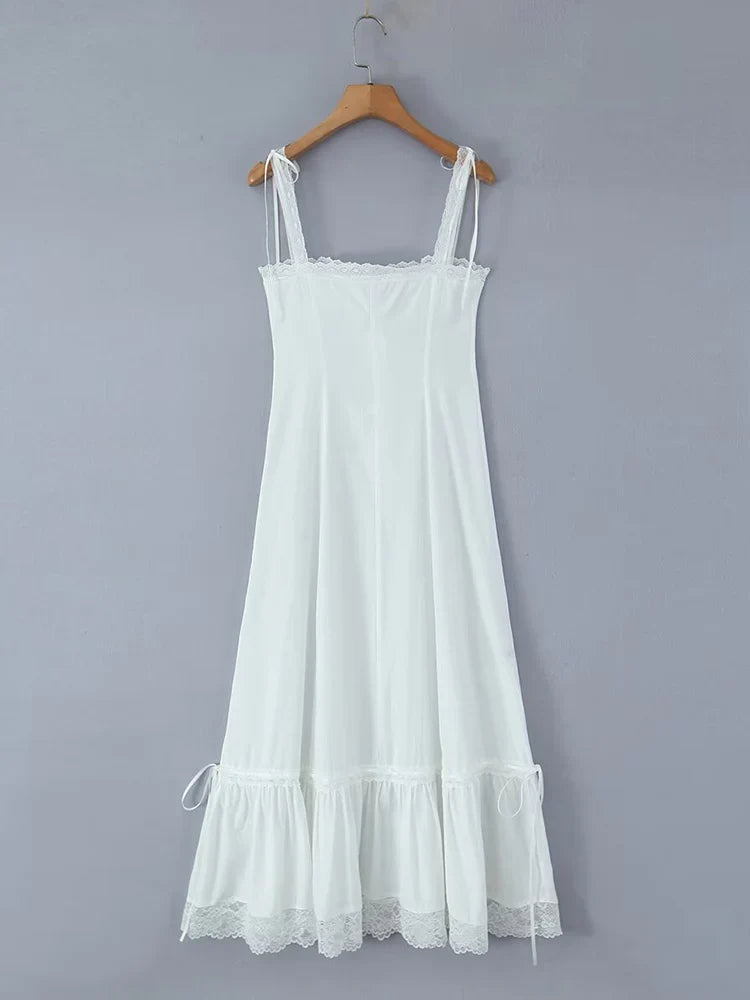 Summer Womens White Dresses Spaghetti Strap New in Long Dress 2025 Beach Casual Midi Party Vestidos Single Breasted Lace Dress