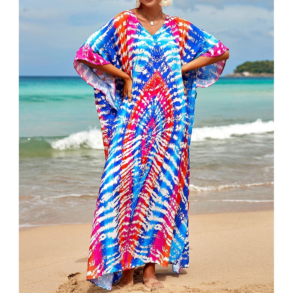 2026 New Colorful Kaftan Tunic Beach Dress Beach Wear Beachwear Beach Cover Up Cover-upsLoose Maxi Dress Female Women V4428