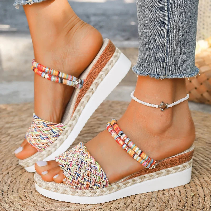 Colorful Woven Wedges Sandals Women 2025 Summer Thick Bottom Platform Slippers Woman Plus Size Slip On Bohemian Sandalias Mujer