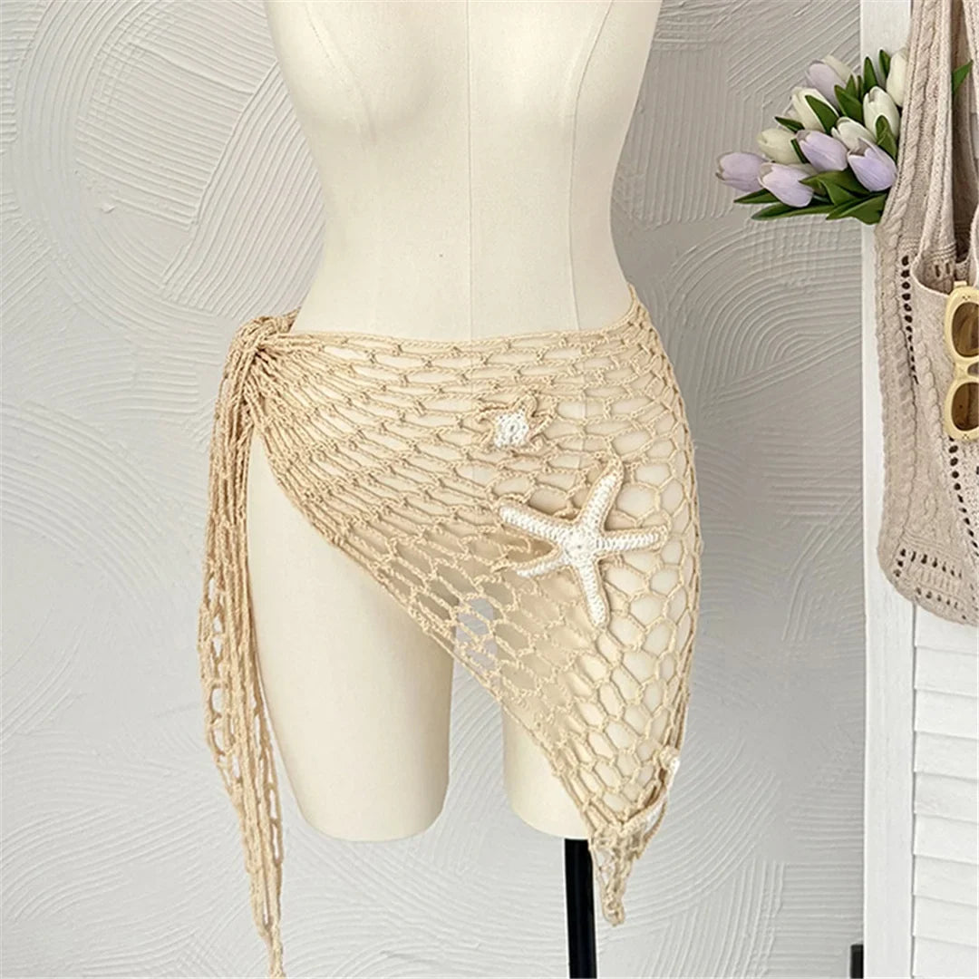 New 3D Star Hollow Out Crochet Knitted Sarong Pareo Beach Dress Beach Wear Beachwear Beach Cover Up Cover-upsFemale Women V7309