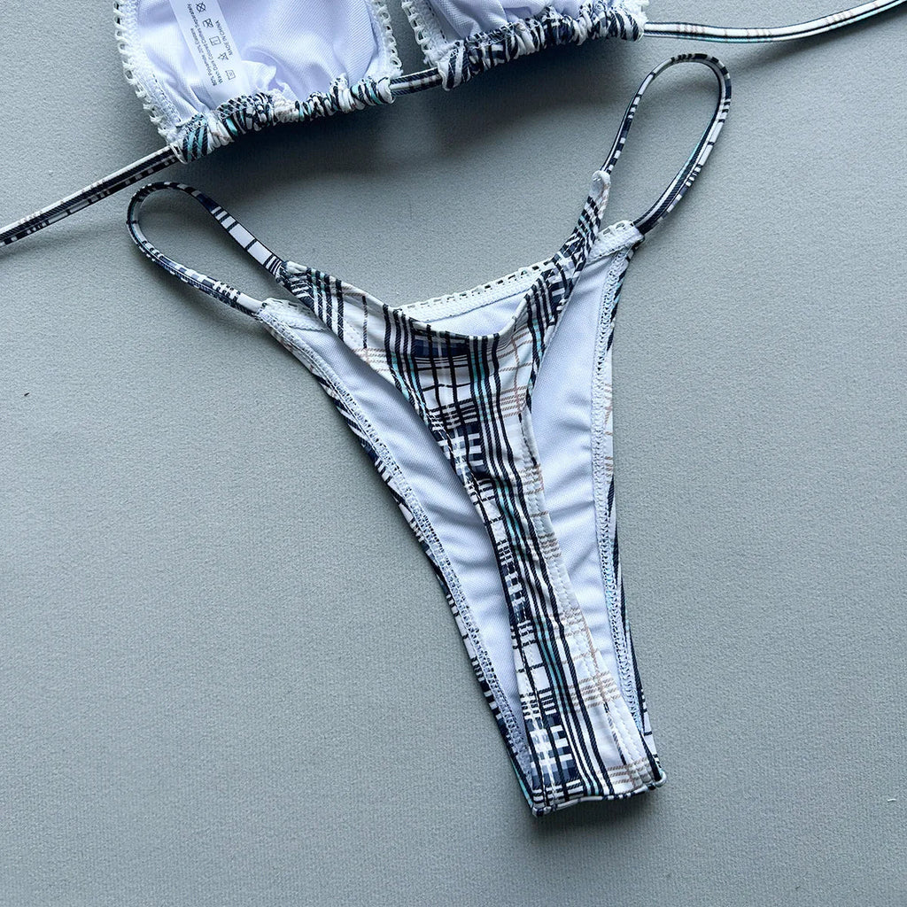 New 2026 Women's Micro Bikini Set Plaid Print Neck Lace-up Backless Biquini Beachwear Sexy Push Up Thong Low Waist  Bathing Suit